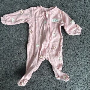 Cozy Pink Footie with Rainbow and Cloud Pattern